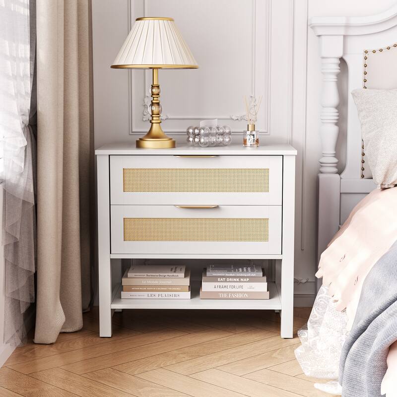 Rattan Nightstand with 2 Drawers and Storage Shelf Boho Bedside Narrow Side Table for Bedroom