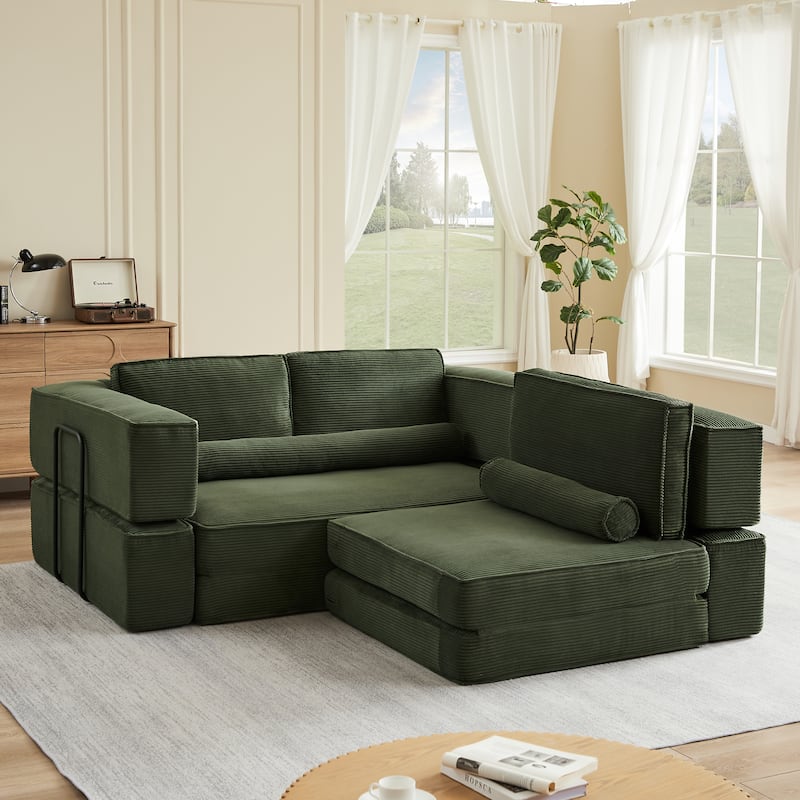 Foldable Floor Sofa Modular Play Couch, Toddler Couch for Playroom, Toddler Corduroy Sofa with Convertible Foam Cushion
