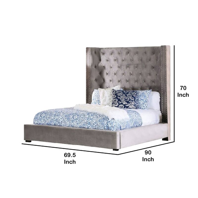Rozy Queen Bed with Wingback Headboard, Nailhead Trim, Gray Upholstery