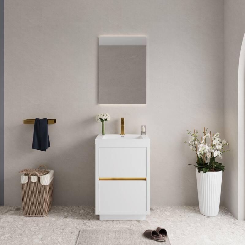24'' Freestanding Bathroom Vanity with White Stone Resin Top - 23.62'' x 19.69'' x 35.43'' - Glossy White