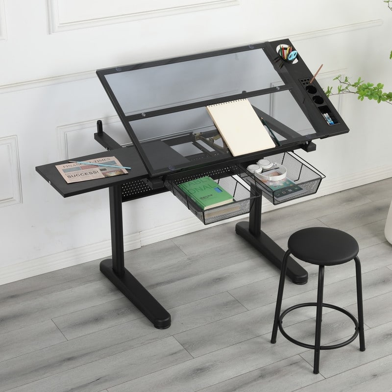 Adjustable Drafting Table Drawing Desk with Stool, 2 Metal Drawers