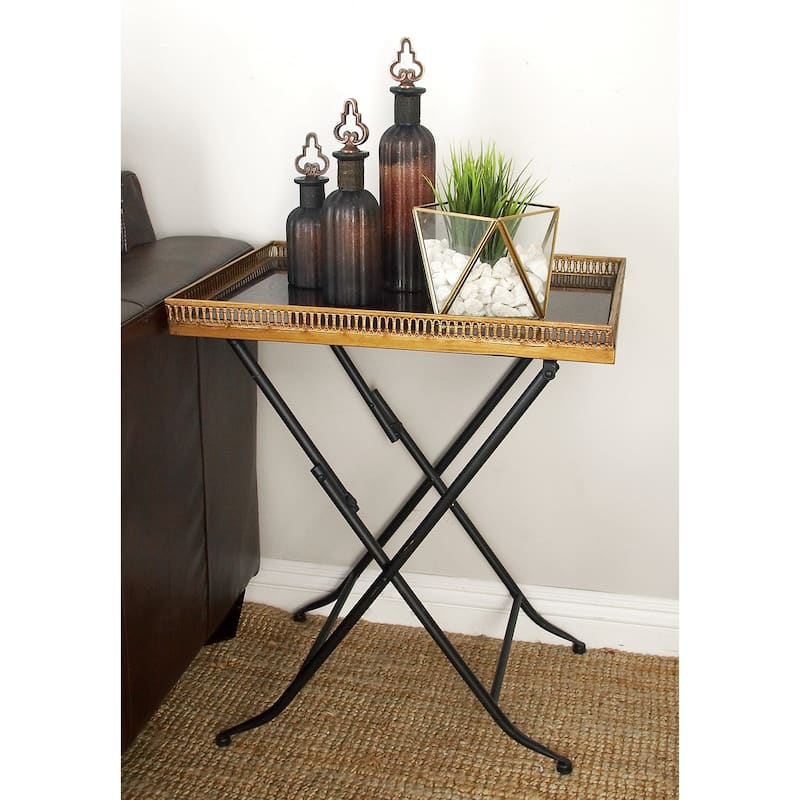 Metal Accent Table with Black Marble Tray Top and Metal Folding Legs - Brass - Roche River Decor