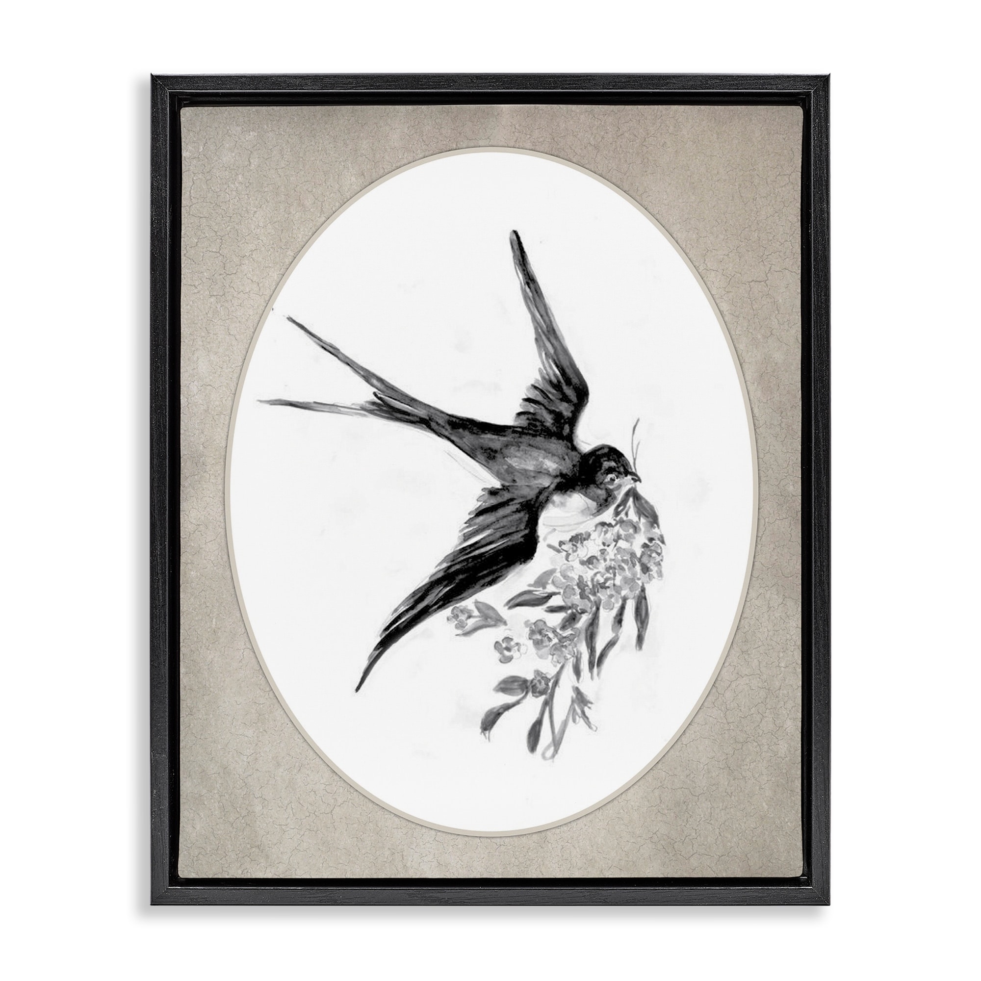 Stupell Flying Bird with Botanicals Framed Floater Canvas Wall Art Design By Lettered and Lined