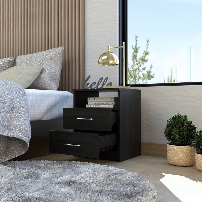 Brown Oak 2-Drawer Rectangular Nightstand with Metal Handles for Bedroom