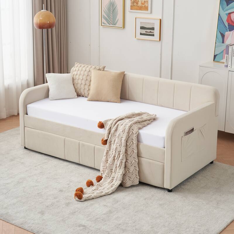 Twin Size Velvet Upholstered Daybed, Wood Sofa Bed Frame Daybed Couch with Trundle Bed and Wood Slat