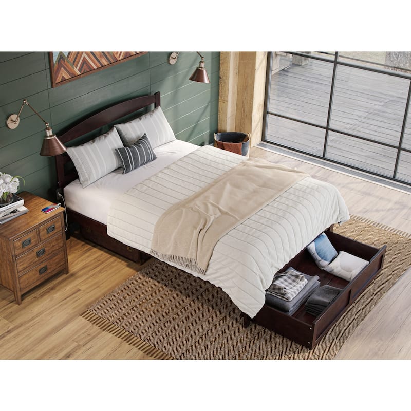 Solid Wood Platform Bed - Full Size Espresso - Storage Drawer & Charging Station - Modern Minimalist Design