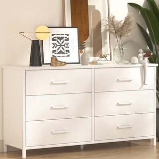 6 Drawer White Dresser, Industrial Wood Dresser for Bedroom, Sturdy Steel Frame