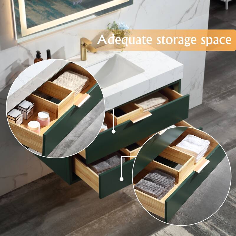 36/48/60 Modern LED Floating Bathroom Vanity with Single/Double Sink & Soft-Close Drawers & Waterproof, Green