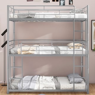 Metal Full Size Triple Bunk Beds with Guard Rails and Ladder