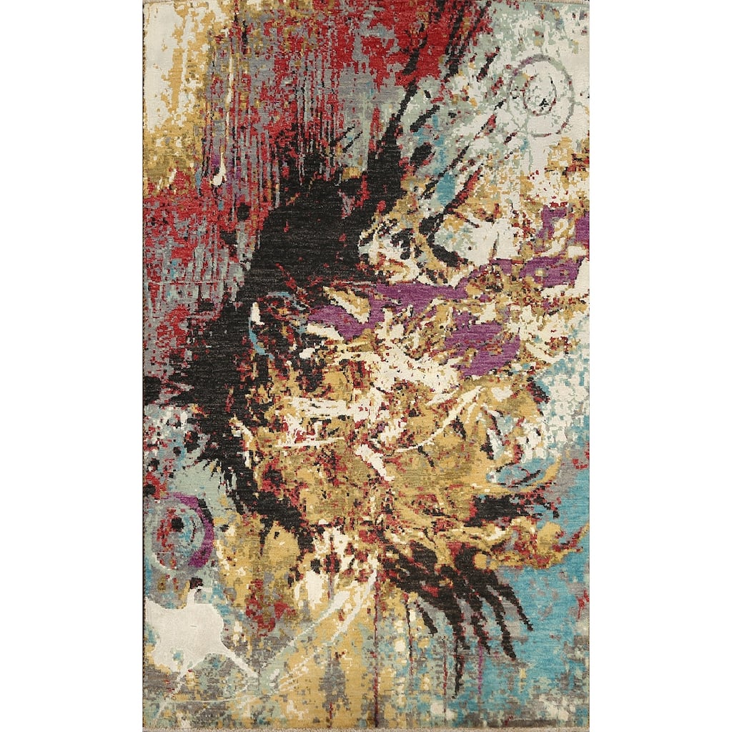 Wool/ Silk Vegetable Dye Abstract Oriental Modern Area Rug Handmade - 4'1" x 6'4"