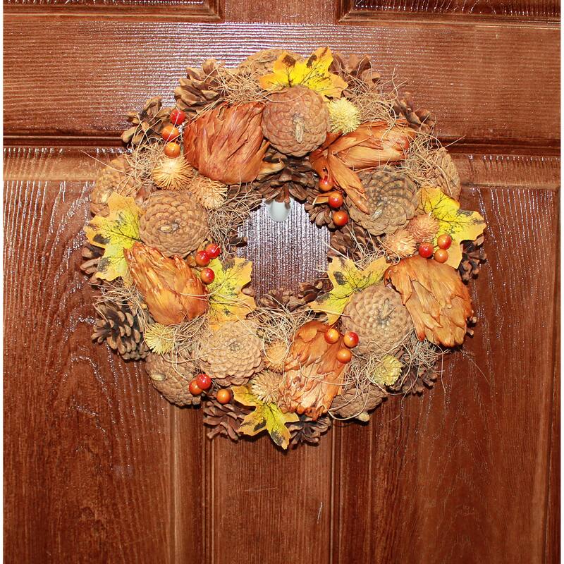 13" Fall Leaves Artichokes Pine Cone & Berries Wreath