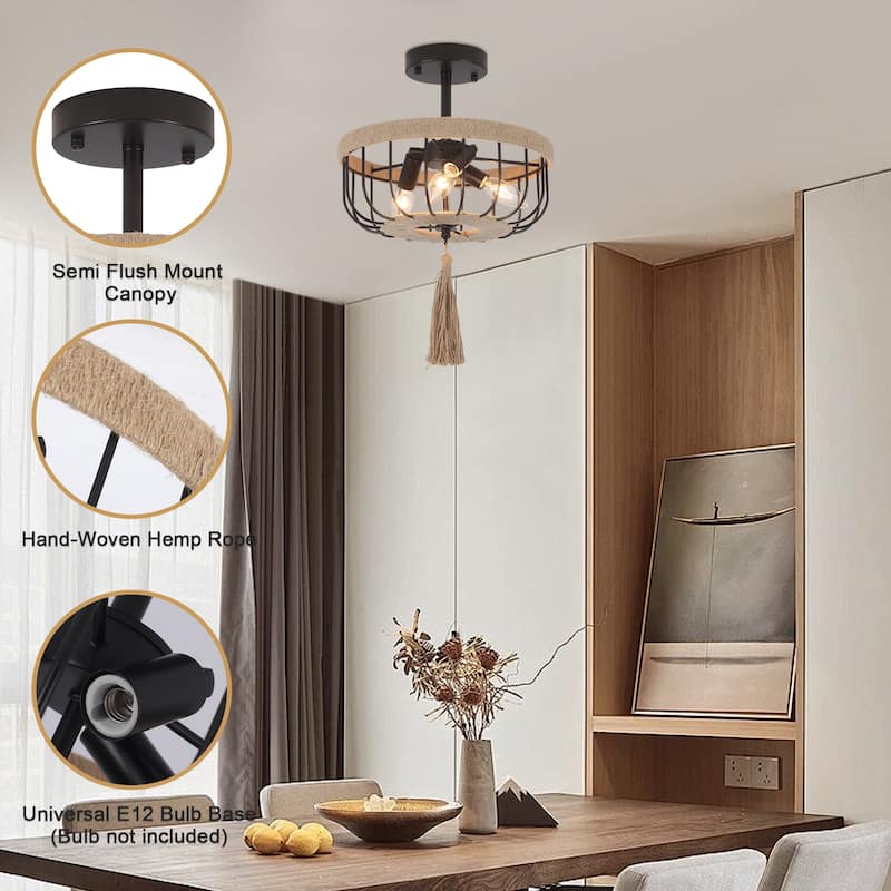 3-Light Classic Hanging Linear Chandelier Light Ceiling Light with Hemp Rope Shade for Kitchen Island