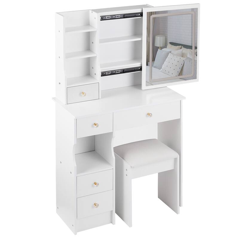 29.2" Small Size Left Drawer Desktop Vanity Table + Cushioned Stool, Large Sliding, Touch Control, Tri-color Switching
