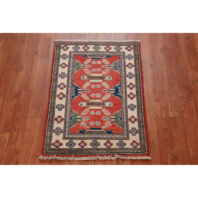 Geometric Kazak Accent Rug Oriental Hand-Knotted Wool Carpet - 2'0"x 3'0"