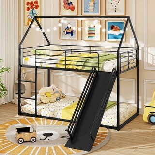 House-Shaped Metal Bunk Bed Frame with Safety Guardrail & Roof