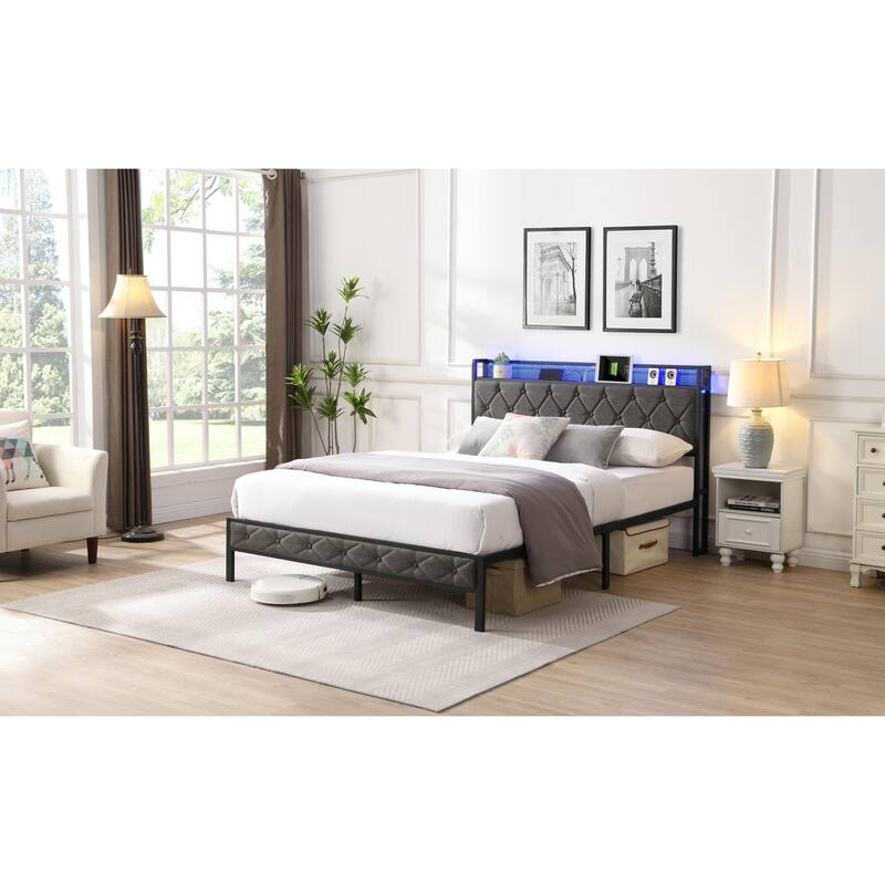Grey Full Bed Frame with Upholstered Headboard and LED Lighting abd Built-in Charging Ports