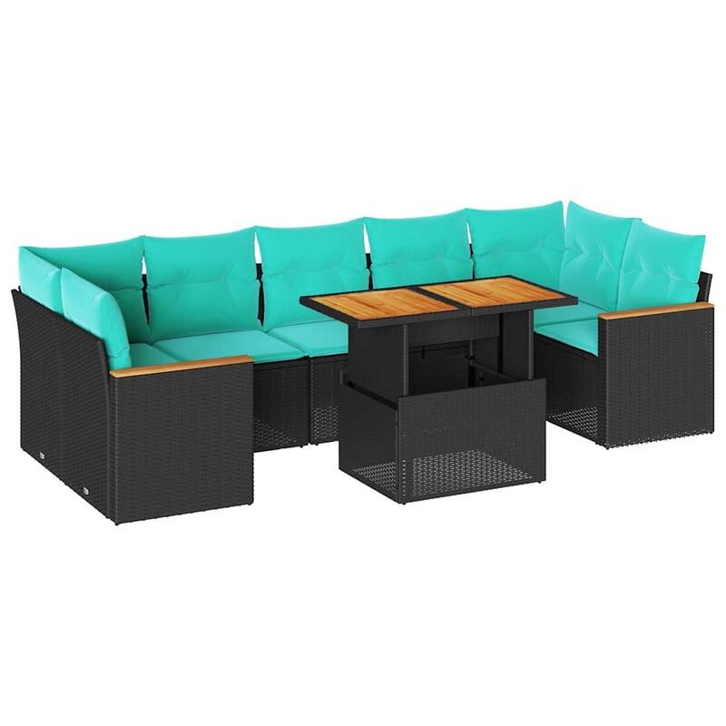 vidaXL 8 Piece Patio Sofa Set with Cushions Black Poly Rattan - 21.7 x 24.4 x 27.2