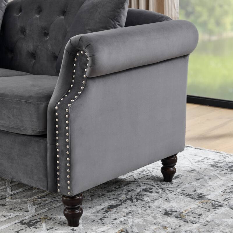 57" Chesterfield Sofa Grey Velvet for Living Room, 2 Seater Sofa Tufted Couch with Rolled Arms and Nailhead