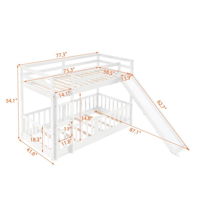 Twin Over Twin Bunk Bed with Slide and Convertible Ladder, Space-Saving Design