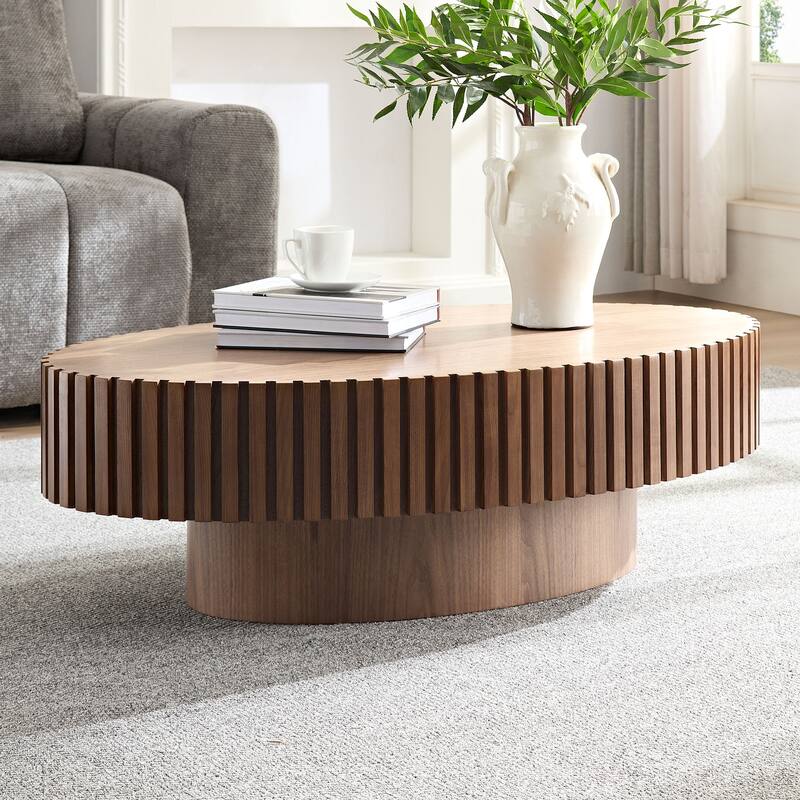 Modern Contermporary Natural Oval Accent Coffee Table with Sturdy Pedestal, MDF for Living Room No Assembled