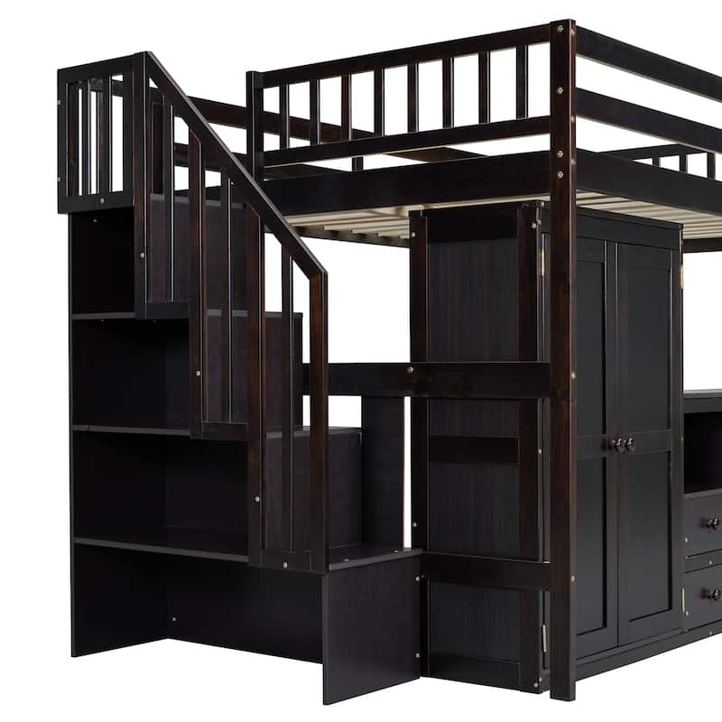 Multifunctional Full Size Loft Bed with Stairs, Bookshelf, Drawers, Desk & Wardrobe for Kids & Teens