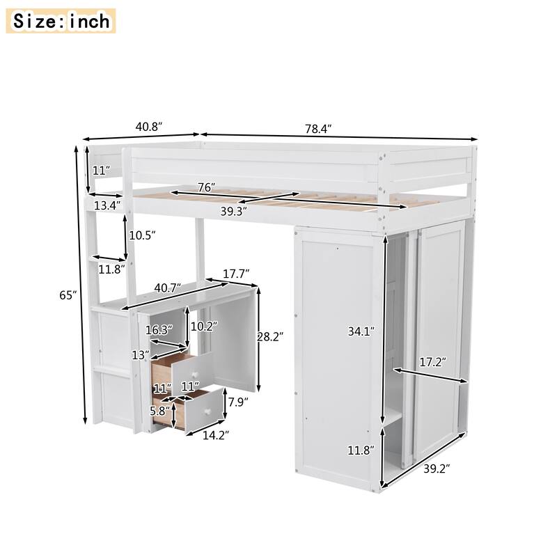Space-Saving Twin Size Loft Bed with Wardrobe, Desk, and Storage Cabinet