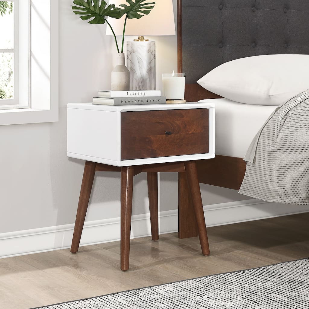 Hana Mid Century Modern Solid Wood Frame White Nightstand Bed Side Tables
