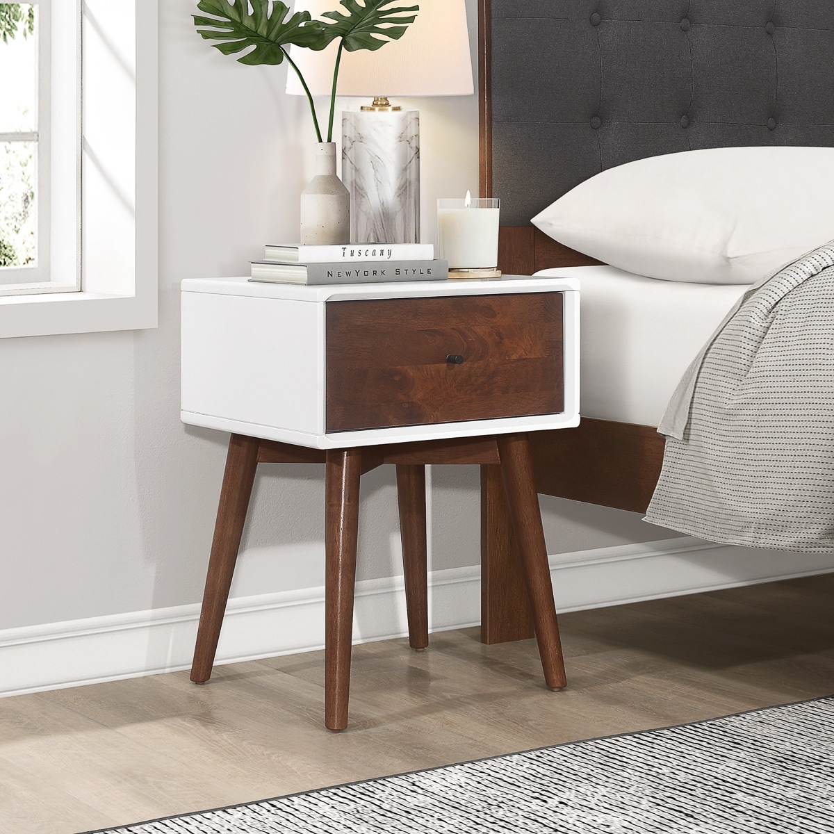 Hana Mid Century Modern Solid Wood Frame White Nightstand Bed Side Tables