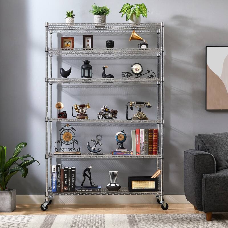 6 Tier Adjustable Storage Shelves Metal Wire Shelving Unit with Wheels - 48.03 "L × 17.72 "W × 71.65 "H