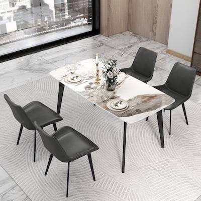 63" Dining Table Set for 6, Sintered Stone Dining Table with Black Legs for Kitchen Dining Room