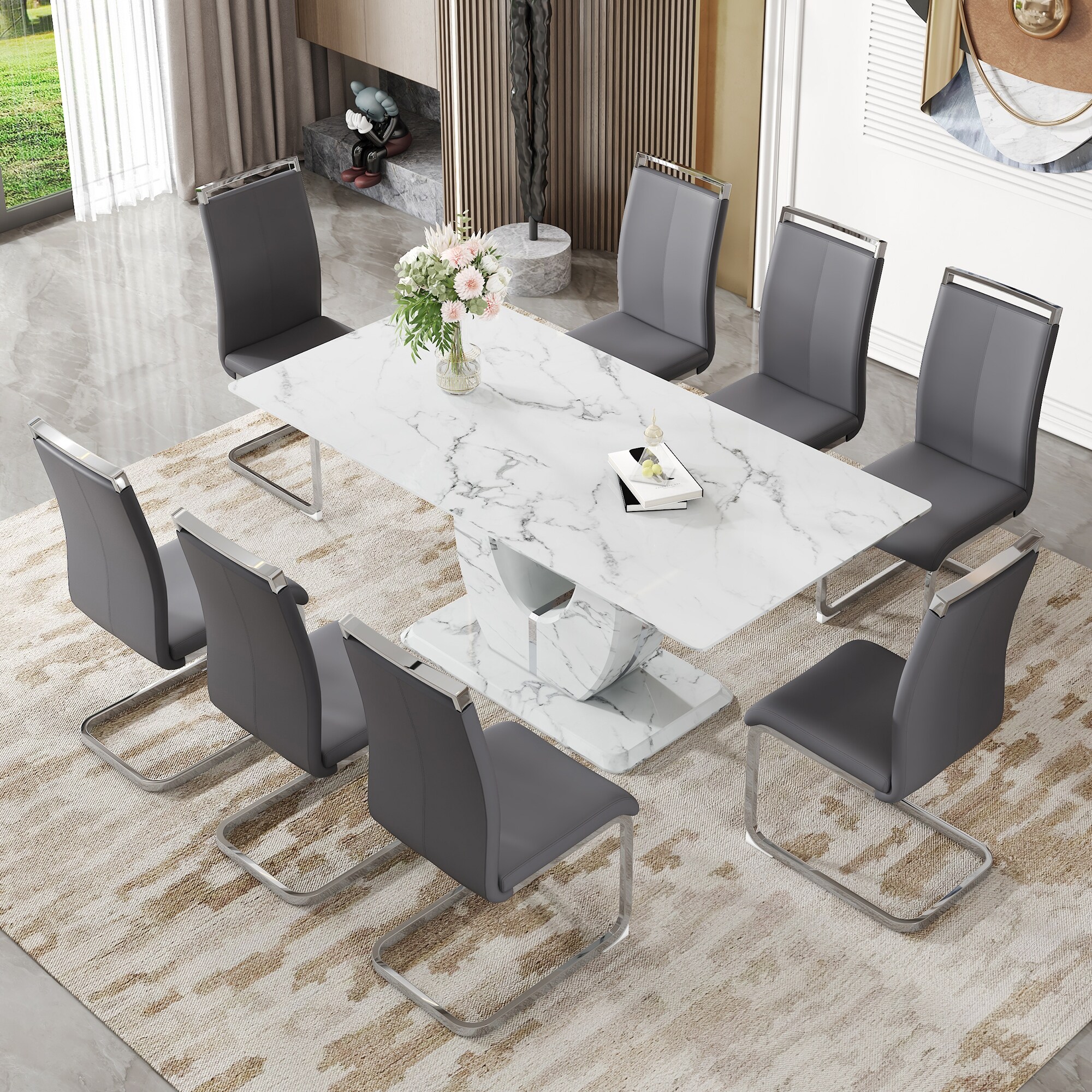 Modern Simple 9 Piece Marble Pattern Dining Table Set with 8 PU Chairs Bed Bath Beyond 42339179