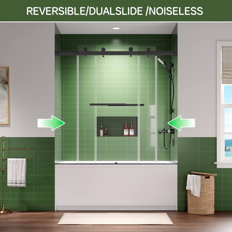 60x60 Frameless Bathtub Sliding Shower Door, 8mm Tempered Glass, Matte Black, Stainless Rollers, 4 in Adjustable