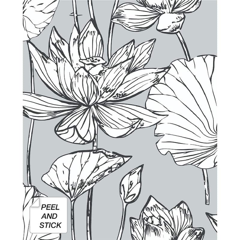 NextWall Lotus Floral Peel and Stick Wallpaper - 20.5 in. W x 18 ft. L - Grey