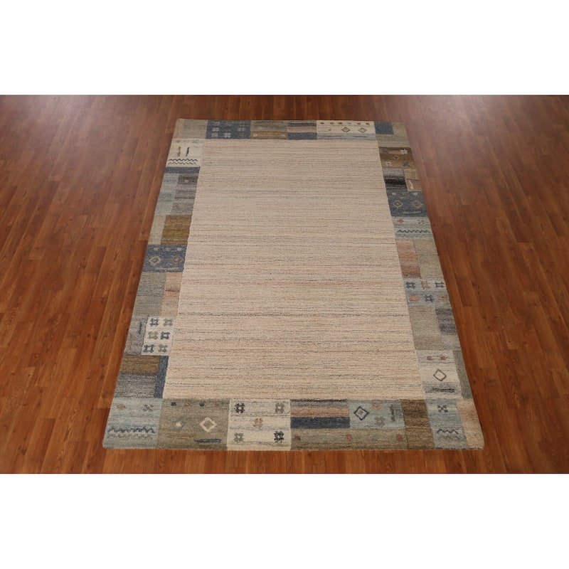 Geometric Gabbeh Indian Area Rug Handmade Beige Wool Carpet - 5'3" x 7'7"