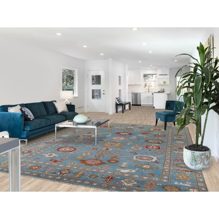 Blue Floral Oushak Area Rug Handmade Wool Carpet - 8'10"x 11'10"