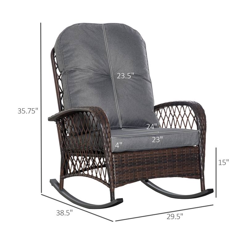 Outsunny Outdoor Wicker Rocking Chair with Wide Seat, Thick, Soft Cushion, Rattan Rocker w/Steel Frame