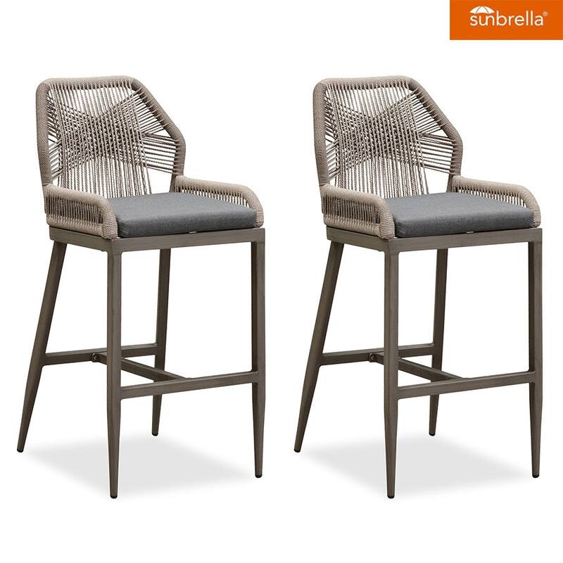 PURPLE LEAF Patio Sunbrella Bar Stools Set of 2 Handwoven Wicker Bar Height Stool Modern Aluminum High Bar Chairs - Light Grey-Grey(28.5'H)
