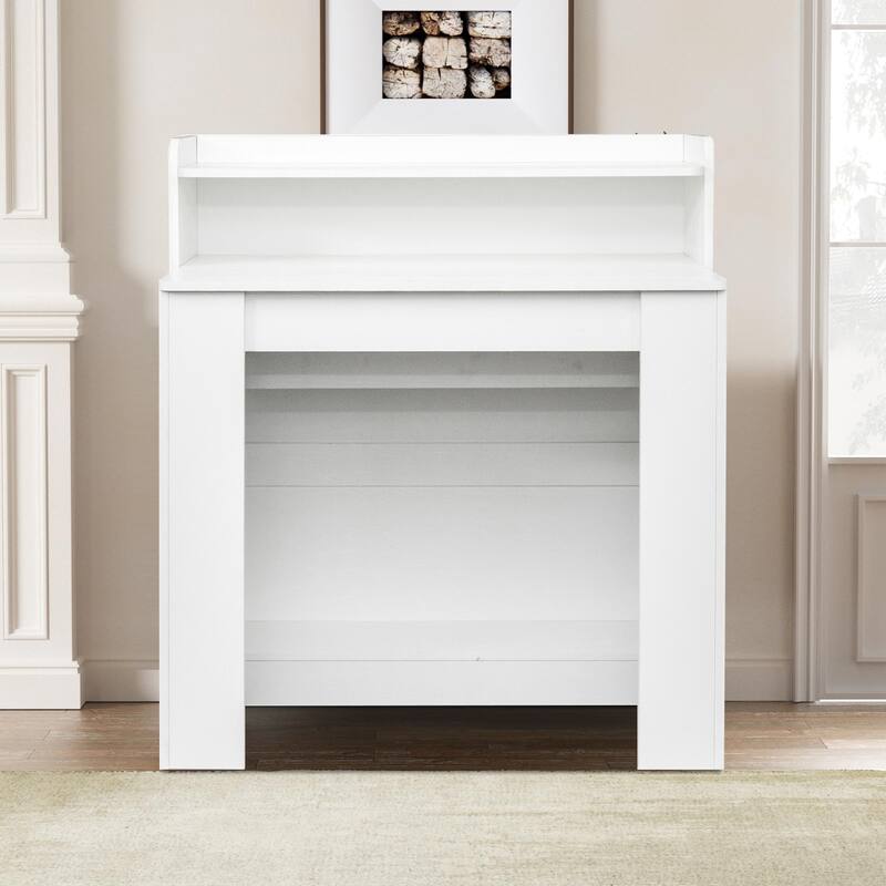 Modern style extendable dining table with wooden frame and shelves for kitchen living room conference room den - White