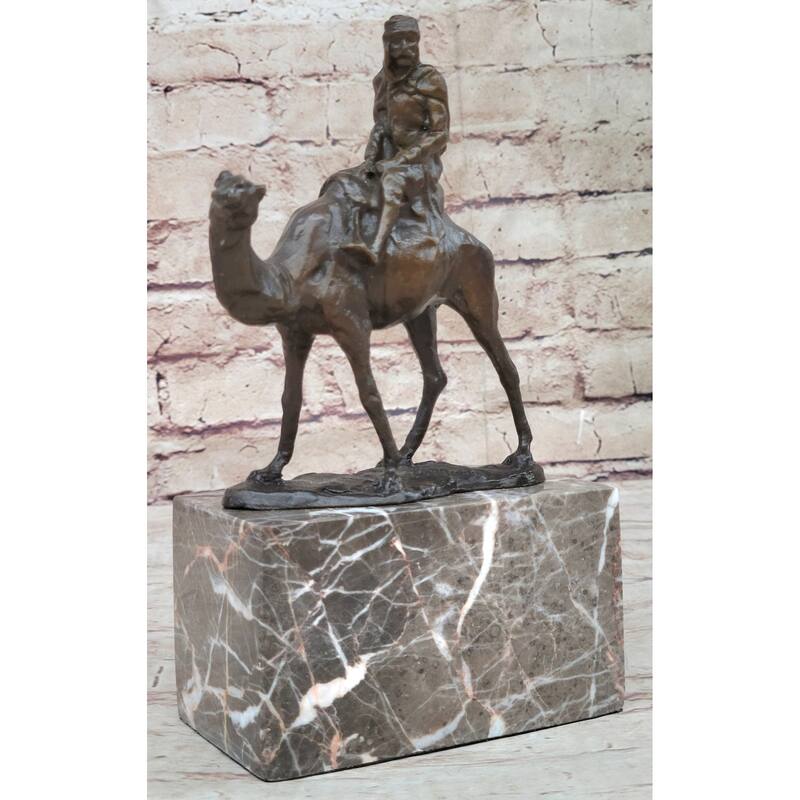 Arabian Man Riding Camel Desert Scene Decor Bronze Statue Sculpture Figure On Marble Base