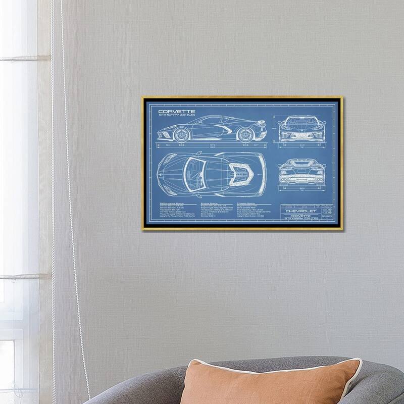 iCanvas "Corvette (C8) Stingray Blueprint" by Action Blueprints Framed Canvas Print