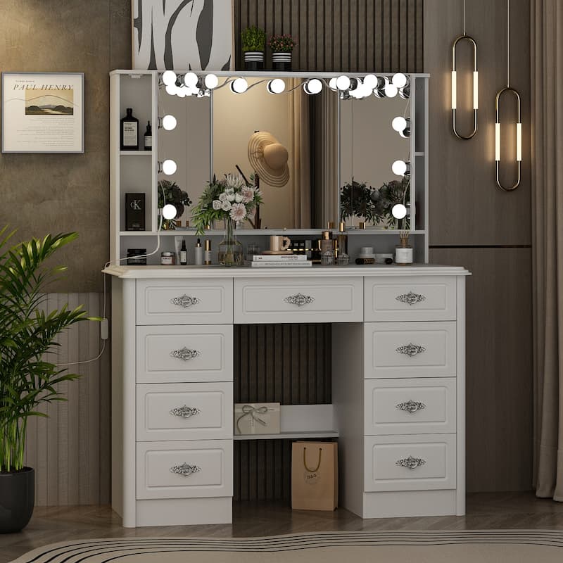 Contemporary Beauty Station - White Vanity Desk Makeup Vanity Dressing - 40.2"Wx54.1"H