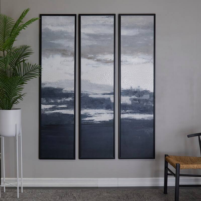 Dark Blue Canvas Landscape Framed Wall Art with Black Frame (Set of 3)