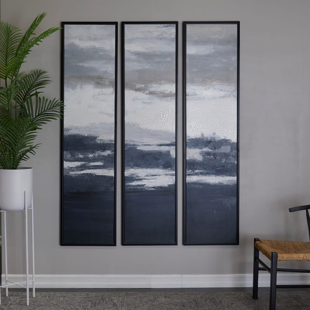 Dark Blue Canvas Landscape Framed Wall Art with Black Frame (Set of 3)
