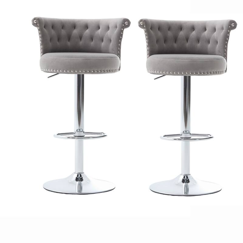 Adjustable Velvet Swivel Bar Stools with Metal Leg (Set of 2) - Gray