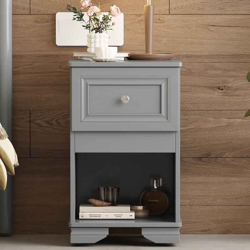 Retro Style Nightstand with Drawer and Open Shelf for Bedroom - Grey