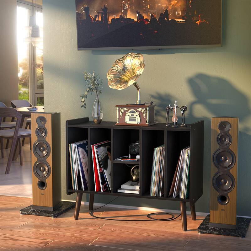Retro Vinyl Stand with Charging Hub, Record Player Stand with Power Outlet and USB Ports