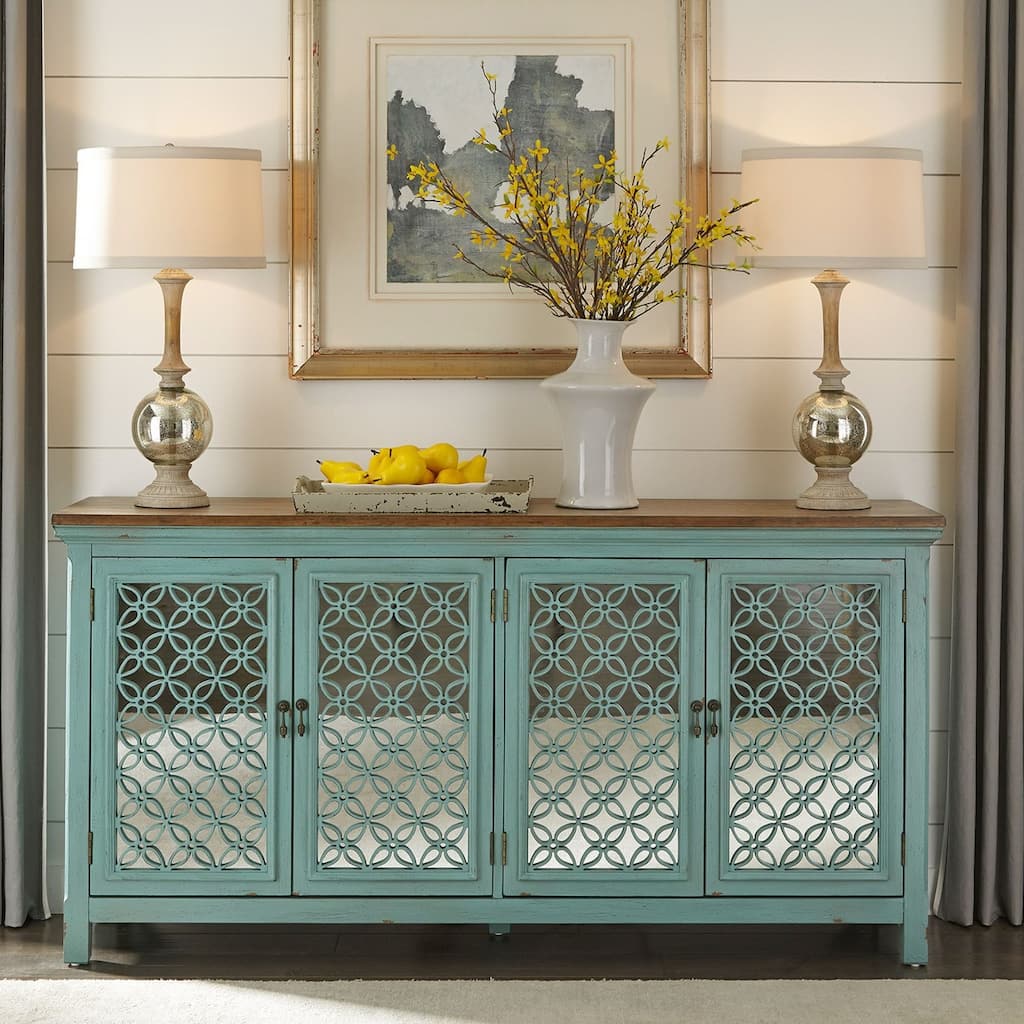 Kensington Turquoise W/ Worn Wood Tone Top 4 Door Accent Cabinet