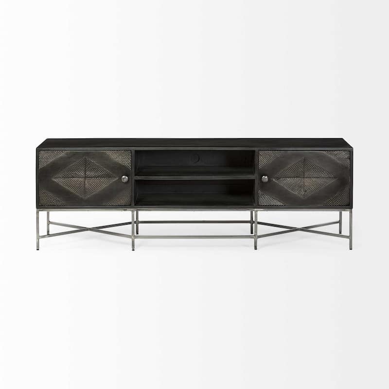 HomeRoots Dark Brown Solid Mango Wood Finish TV Stand Media Console With 2 Doors And 2 Open Shelves - 16