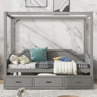 Twin Size Wooden Canopy Bed Daybed with 3 in 1 Storage Drawers and Headboard, Wood Frame Guardrail Bed