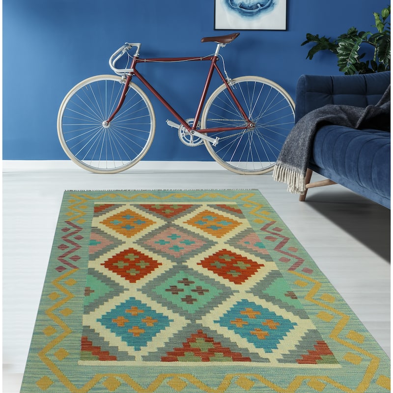 Sangat Flatweave Juliann Grey-Blue/Ivory Rug - 4'2" x 5'7"
